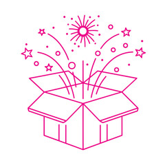 Pink line art open box with fireworks and stars bursting out gift surprise