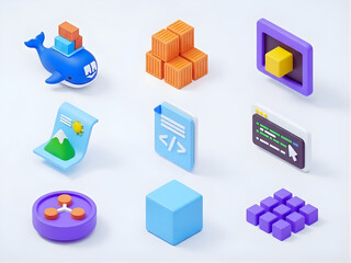 3d docker icons set – container, whale, terminal, cube, network, image, stack. 3D icon set