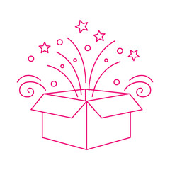 Pink line art open box with stars and circles exploding upwards gift present
