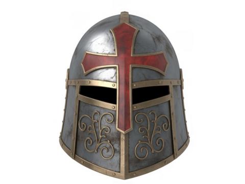Medieval knight helmet with red cross and gold trim isolated on a transparent background 1