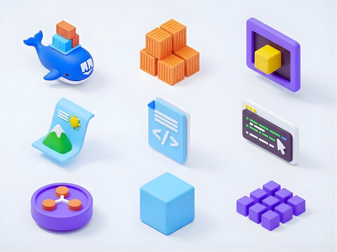 3d docker icons set – container, whale, terminal, cube, network, image, stack. 3D icon set