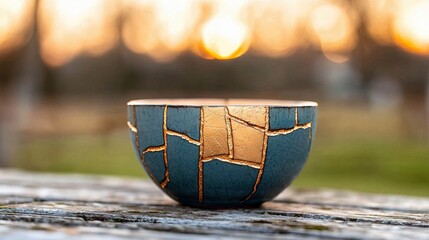 A teal Kintsugi bowl with gold repairs sits on a weathered wooden surface. The background is softly blurred with warm golden hour light.