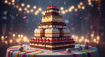 Spectacular tiered cake centerpiece adorned with fruit and frosting, set against a backdrop of festive bokeh lights and falling confetti.