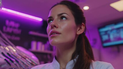 Beauty expert shares tips and techniques at a modern skincare clinic with neon lights and high-tech equipment
