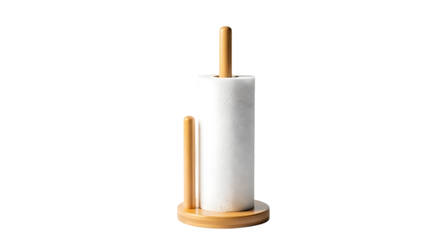 Wooden paper towel holder with a roll of paper towels on a black background