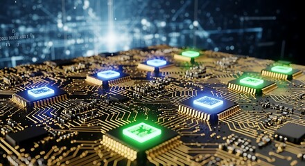 Electronic Circuit Board with Illuminated Processors and Data Flow