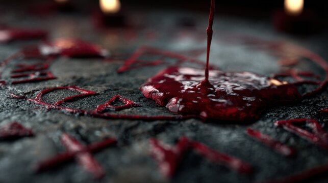 Esoteric Ritual: A mysterious scene unfolds as blood is poured onto a surface adorned with cryptic symbols and runes. Evoking a sense of ancient power and arcane practices.
