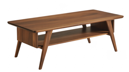 Mid century modern wooden coffee table with shelf isolated on a transparent background