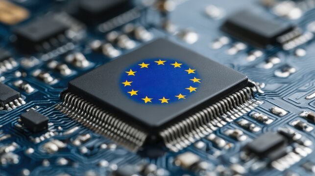 Microchip with European Union Flag Symbolizing Technology Advances and Digital Innovation in the European Tech Industry and Economic Development