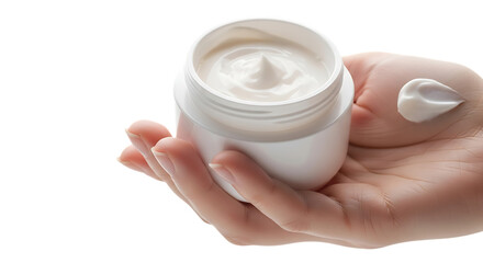 Closeup of a hand holding a jar of white cream isolated on transparent background