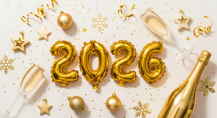 Golden 2026 balloons champagne glasses and bottle festive celebration