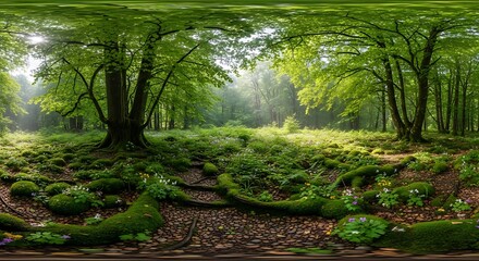 Lush Green Forest Floor with Moss, Tree Roots, and Sunlit Path