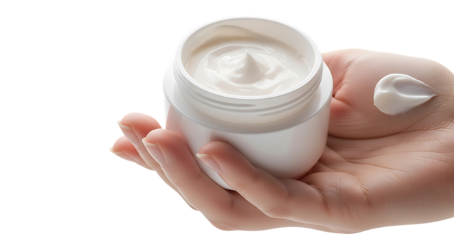 Closeup of a hand holding a jar of white cream isolated on transparent background
