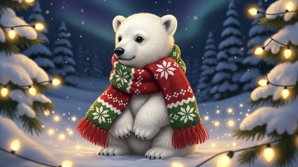 Cute polar bear wearing festive scarf in snowy winter forest  