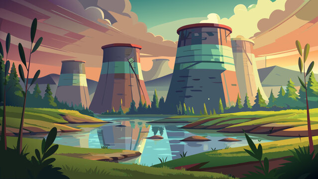 Very beautiful abandoned cooling towers in a quiet landscape, depicted in a neutral, non-specific industrial ruin style. Scene shows large, weathered hyperboloid towers rising above calm water, surrou