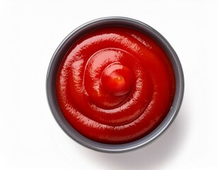 bowl of ketchup or tomato sauce swirled top view flat lay isolated on white background