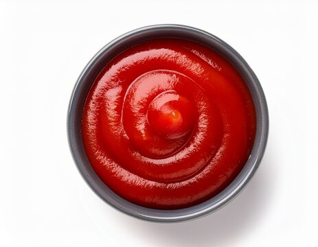 bowl of ketchup or tomato sauce swirled top view flat lay isolated on white background