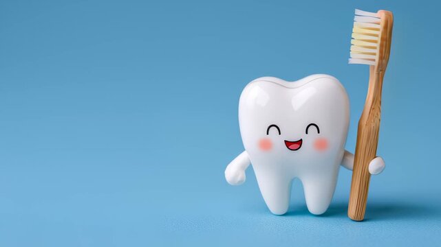 Cute white cartoon tooth hold toothbrush with paste in bathroom. Healthy teeth concept. Art illustration. People care about mouth hygiene. Morning and evening routine. Dental health. Blue background.