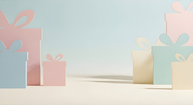 3D pastel gift boxes composition with soft shadows and elegant tone. Ideal for product showcase, birthday greeting, holiday promotions, packaging concept, and cozy event campaign visuals.