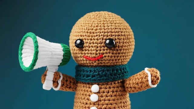 Cute crochet gingerbread man making an announcement with a megaphone for a holiday promotion. Festive amigurumi character shouting about christmas sales or important winter news