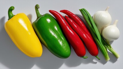 A vibrant arrangement of yellow bell pepper, green pepper, red chili peppers, green onions, and white onions on a gray surface. Fresh produce display.