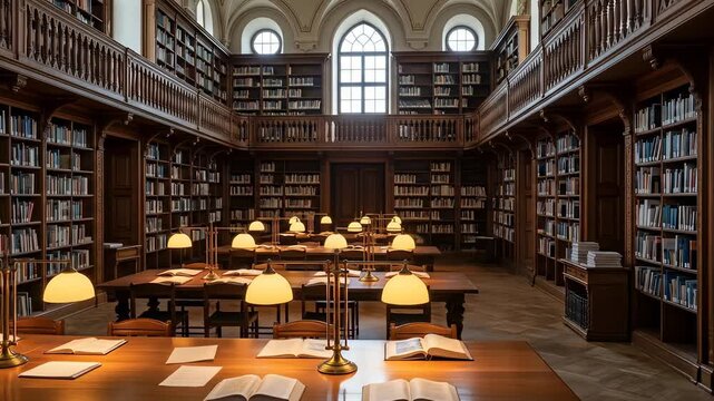 A grand, wooden library with multiple levels, rows of books, reading tables, and warm lighting