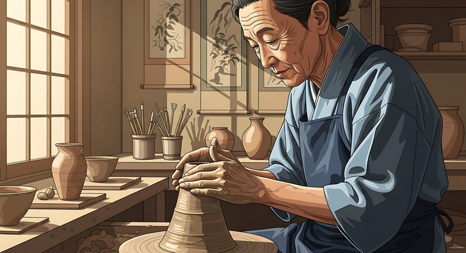 Master Japanese Potter Crafting Ceramic on Wheel in Traditional Workshop