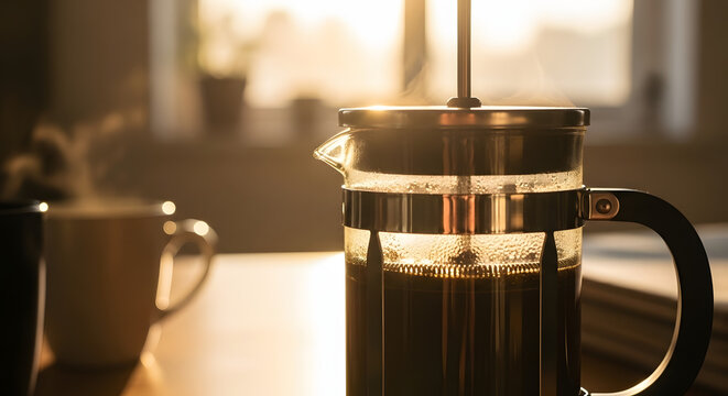 A close up of a french press coffee maker with a cup of coffee - Powered by Adobe