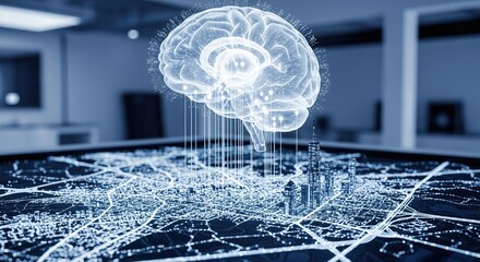 Holographic ai brain floating above digital city map on server table. Artificial intelligence sentinel monitoring urban data network. Big data analytics and iot connectivity visualization in cloud