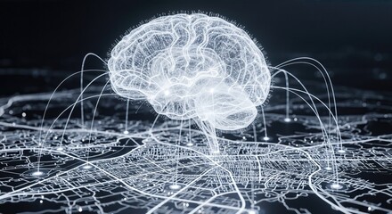 Digital brain connecting to urban cityscape network. Artificial intelligence overlay on smart city map. Internet of things integration with big data and cloud computing visualization