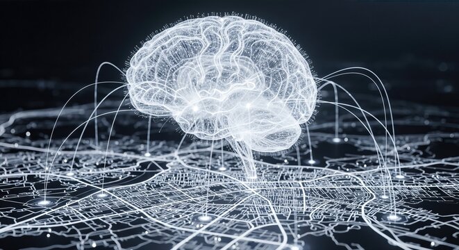 Digital brain connecting to urban cityscape network. Artificial intelligence overlay on smart city map. Internet of things integration with big data and cloud computing visualization - Powered by Adobe