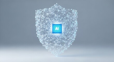 Wireframe digital shield protecting AI symbol. Cybersecurity concept for artificial intelligence in network security. Safeguarding technology innovation in big data and cloud computing environments.