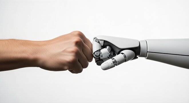 Human hand fist bumping robotic hand. Symbol of collaboration between man and machine in artificial intelligence. Robotics and technology partnership for future automation and innovation.