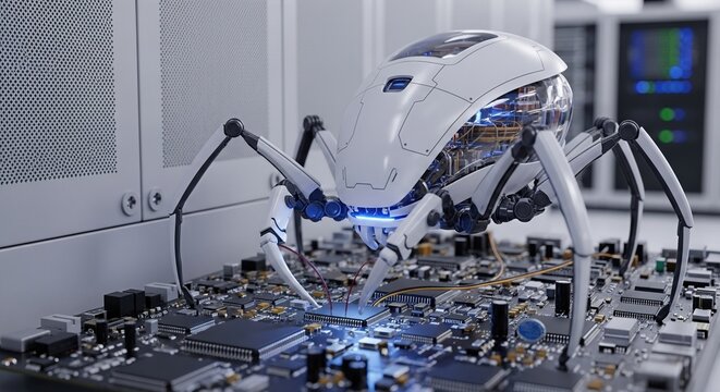 Surreal robotic spider navigating circuit board in server room. Futuristic internet of things exploration and big data network concept. Innovative cloud computing and 5g technology visualization. - Powered by Adobe