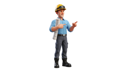 Cartoon construction worker pointing with a blueprint silhouette