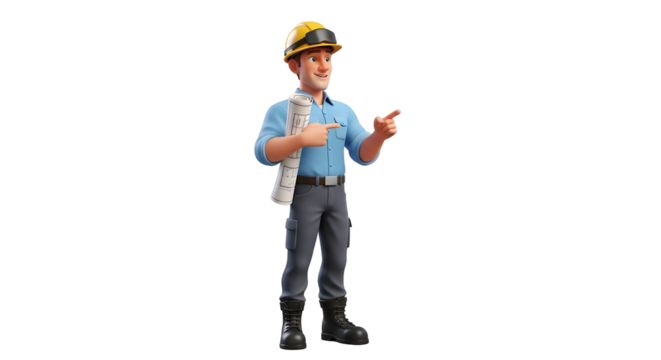 Cartoon construction worker pointing with a blueprint silhouette