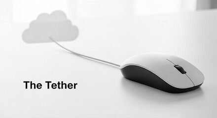 Wireless computer mouse tethered to floating cloud icon on white surface. Symbolic representation of cloud computing connectivity and internet of things devices. Digital technology concept for data