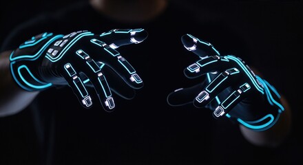 Cybernetic hands glowing blue in dark space. Futuristic robotic gloves for virtual reality and augmented reality interaction. Advanced human machine interface technology for 5g and internet of things