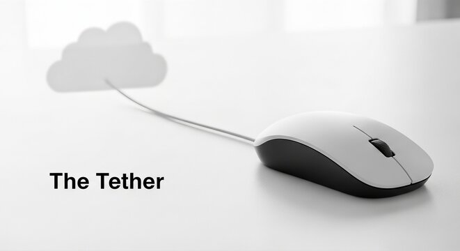 Wireless computer mouse tethered to floating cloud icon on white surface. Symbolic representation of cloud computing connectivity and internet of things devices. Digital technology concept for data