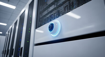 Server rack with integrated security camera in modern data center. Glowing blue lens surveillance for IoT network monitoring. Cloud computing infrastructure and big data protection concept.