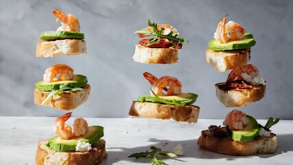 Levitating bruschetta with shrimp avocado and cream cheese. Creative food concept with falling tapas or canapes for a gourmet appetizer menu. Delicious seafood snack preparation