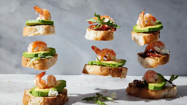 Levitating bruschetta with shrimp avocado and cream cheese. Creative food concept with falling tapas or canapes for a gourmet appetizer menu. Delicious seafood snack preparation