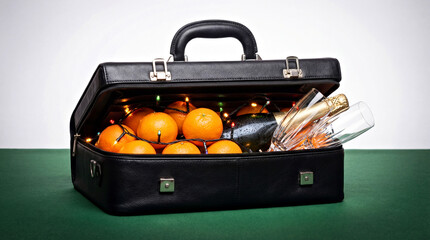 Festive Suitcase: Oranges, Champagne, and Lights in Black Briefcase Setting.Winter, Christmas and New Year concept