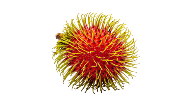 Single rambutan fruit with red and yellow spiky exterior and soft curved hairs—exotic, vibrant, and visually distinctive