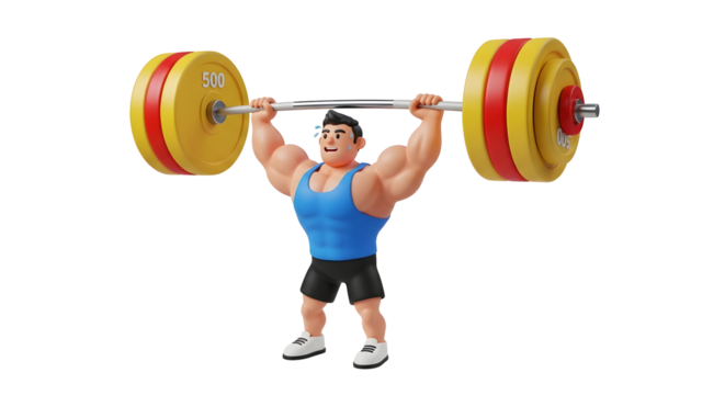 Muscular man lifting heavy barbell overhead in silhouette