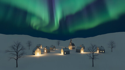 Cozy illuminated village nestled in snowy landscape under a vibrant green aurora borealis night sky