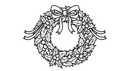 Obraz premium Black and white illustration of a Christmas wreath with a bow, leaves, and berries.