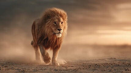 Majestic male lion walking through dusty savanna at sunset