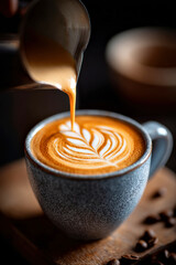 Barista Pouring Latte Art into Ceramic Cup in Coffeehouse Setting