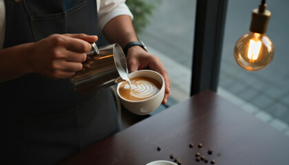 Barista Pouring Latte Art in Cafe with Warm Ambient Lighting and Coffee Beans